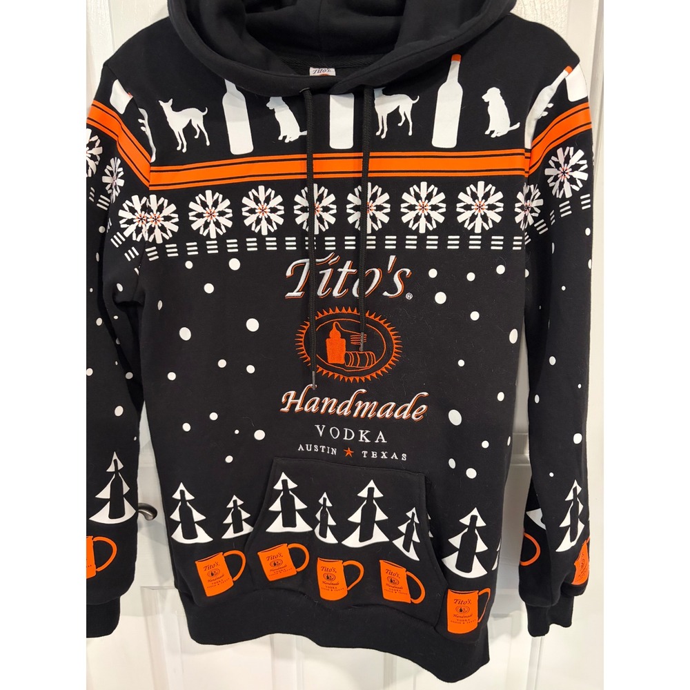 Men's Tito's Vodka Small Black Hoodie Sweatshirt Ugly Christmas Austin TX